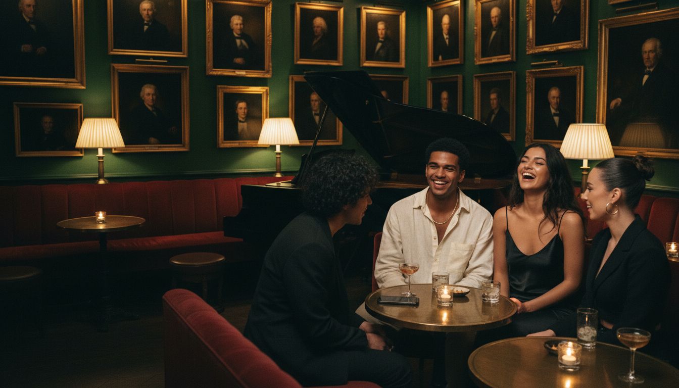 AI-generated image: friends laughing around a table in a candlelit club room with green walls and gilt-framed portraits